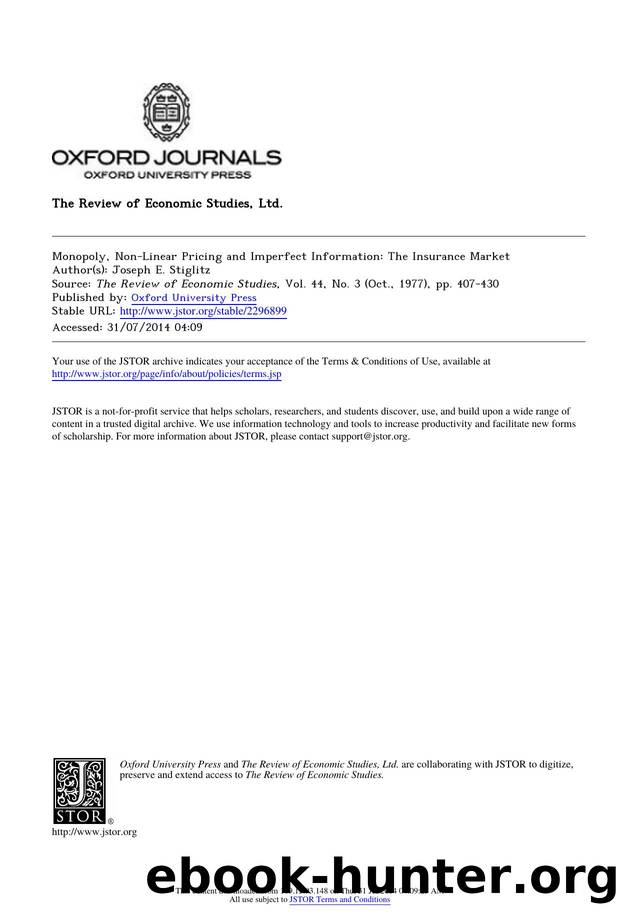 Monopoly, Non-Linear Pricing and Imperfect Information: The Insurance Market by Monopoly Non-Linear Pricing & Imperfect Information The Insurance Market