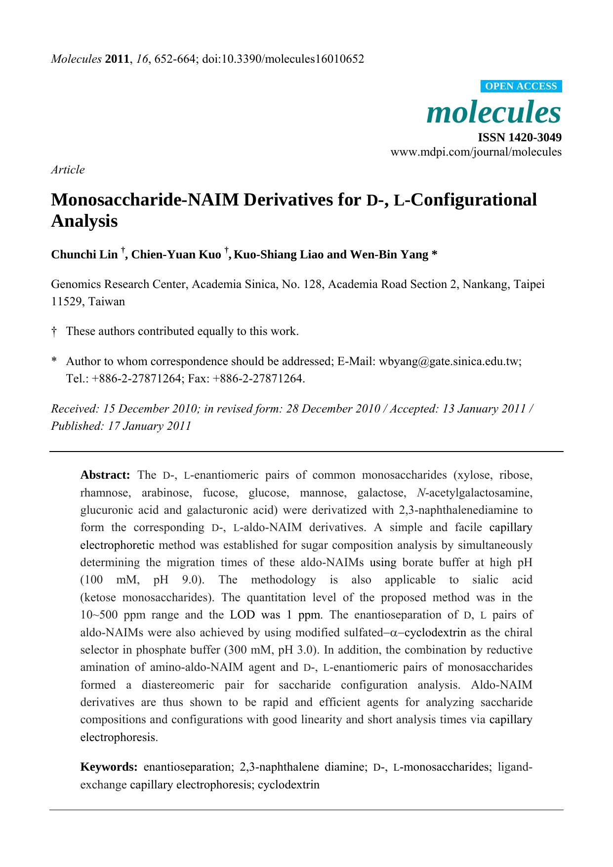 Monosaccharide-NAIM Derivatives for D-, L-Configurational Analysis by Chunchi Lin & Chien-Yuan Kuo & Kuo-Shiang Liao & Wen-Bin Yang