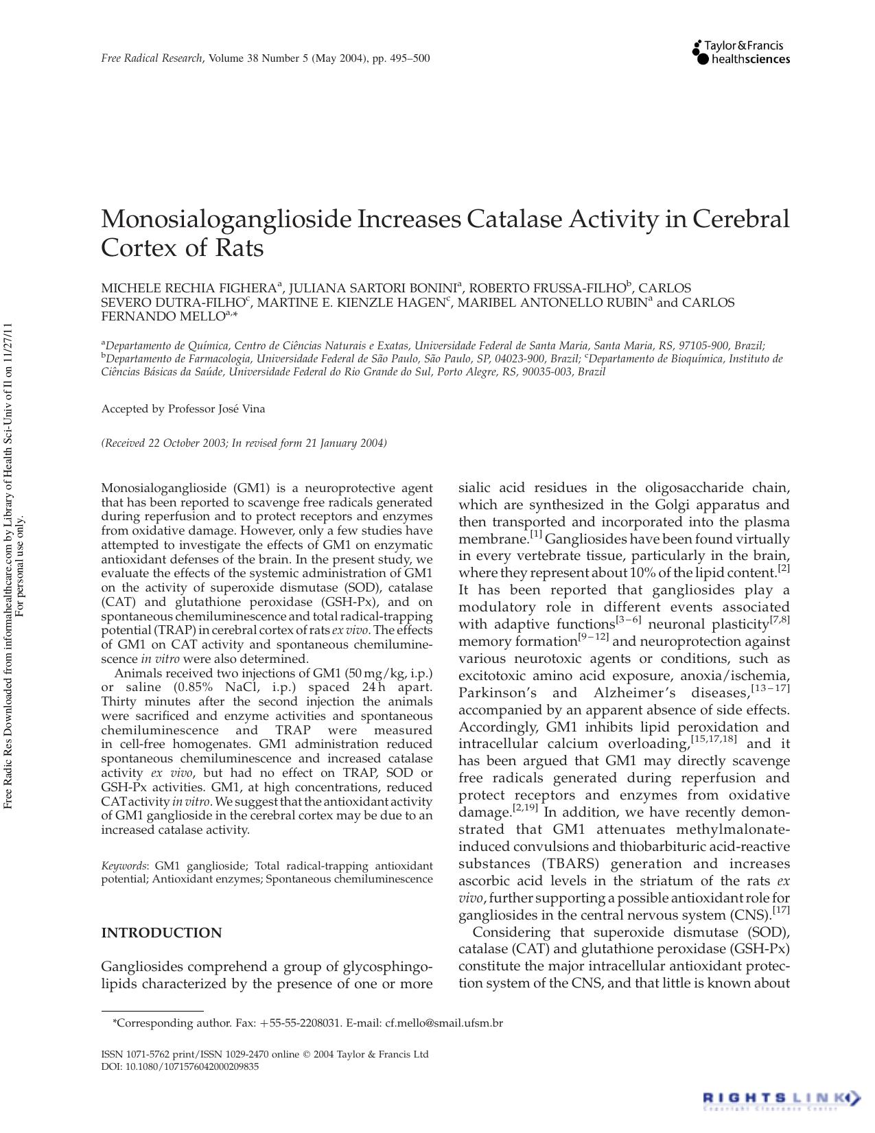Monosialoganglioside Increases Catalase Activity in Cerebral Cortex of Rats by unknow