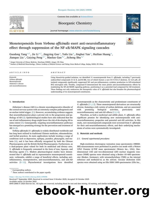 Monoterpenoids from Verbena officinalis exert anti-neuroinflammatory effect through suppression of the NF-ÎºBMAPK signaling cascades by Guodong Yang
