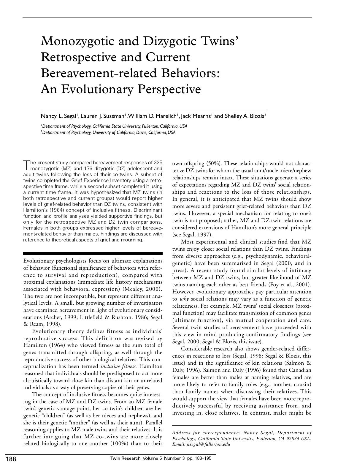 Monozygotic and Dizygotic Twins' Retrospective and Current Bereavement-related Behaviors: An Evolutionary Perspective by unknow