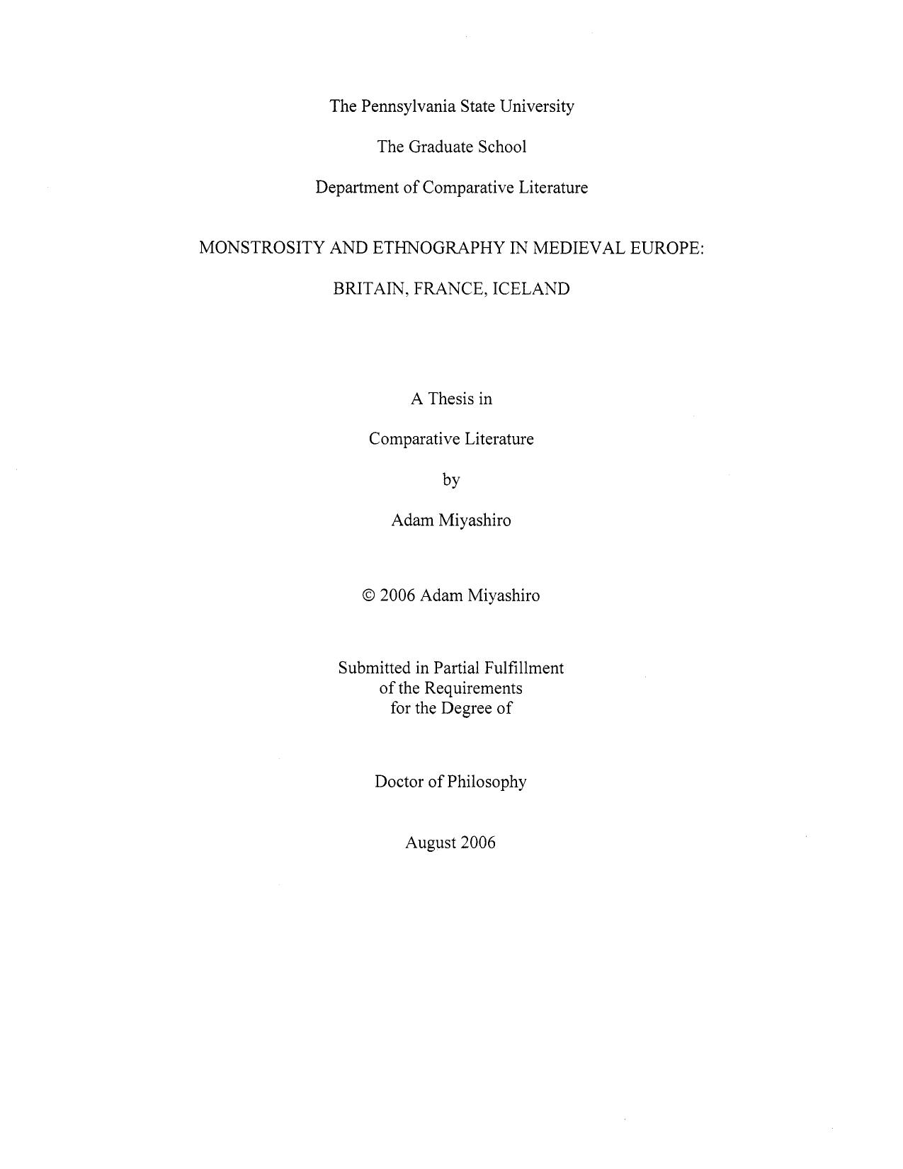 Monstrosity and ethnography in Medieval Europe : Britain, France, Iceland by Miyashiro Adam