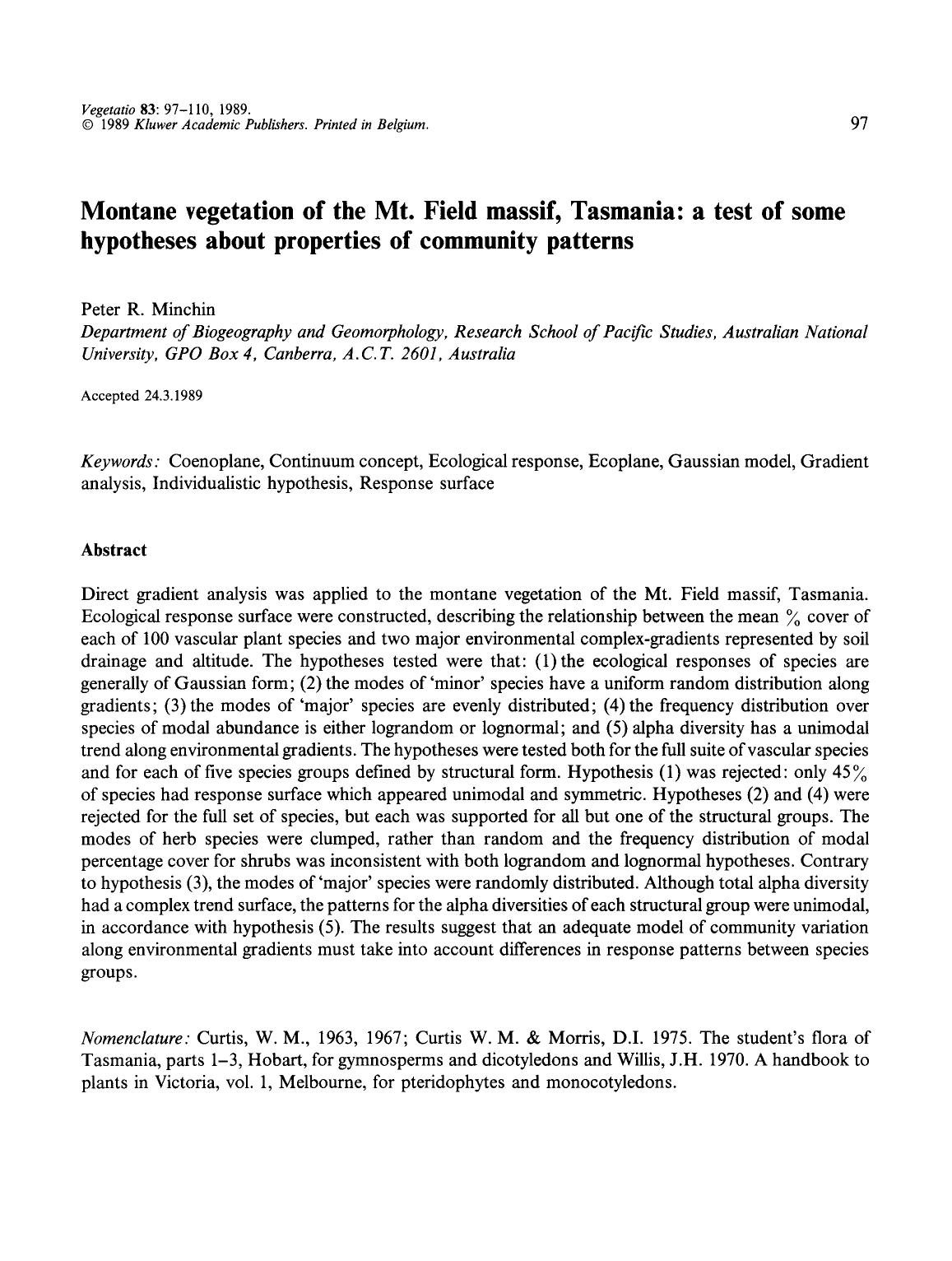 Montane vegetation of the Mt. Field massif, Tasmania: a test of some hypotheses about properties of community patterns by Unknown