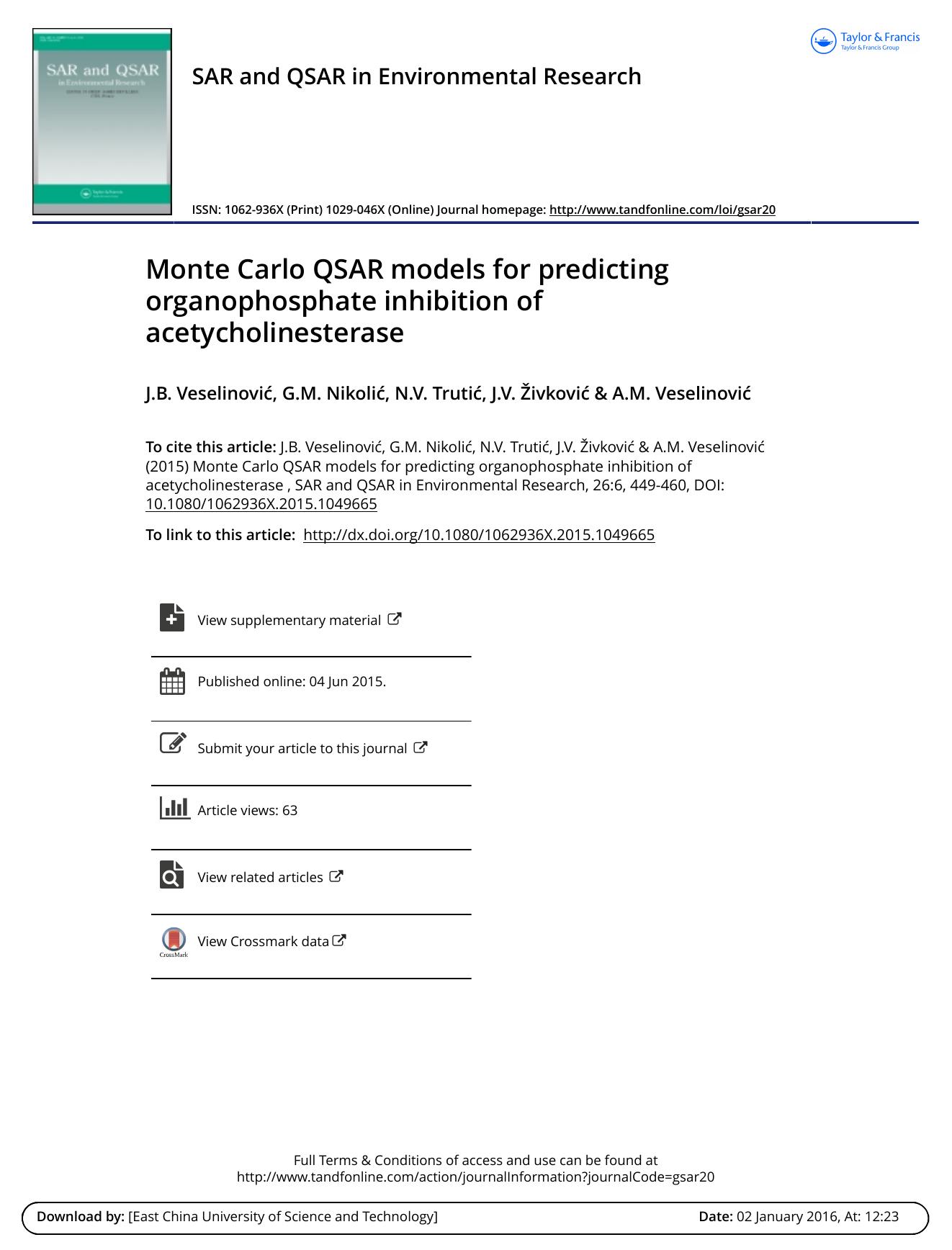 Monte Carlo QSAR models for predicting organophosphate inhibition of acetycholinesterase by J.B. Veselinović