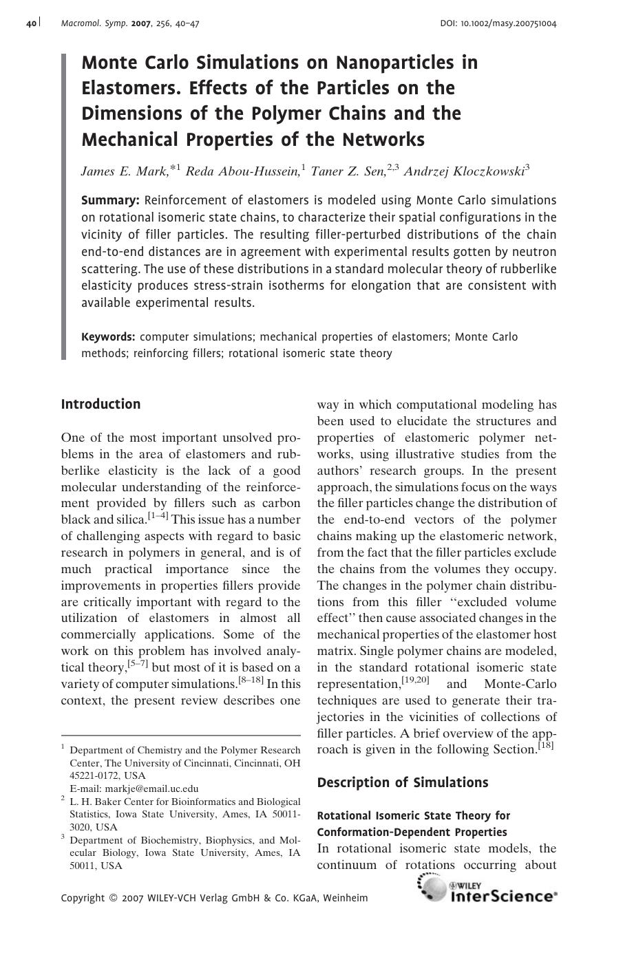 Monte Carlo Simulations on Nanoparticles in Elastomers. Effects of the Particles on the Dimensions of the Polymer Chains and the Mechanical Properties of the Networks by Unknown
