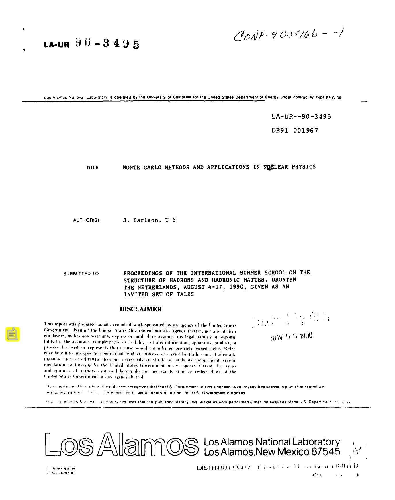Monte Carlo methods and applications in nuclear physics None by LANL Research Library LWW Project
