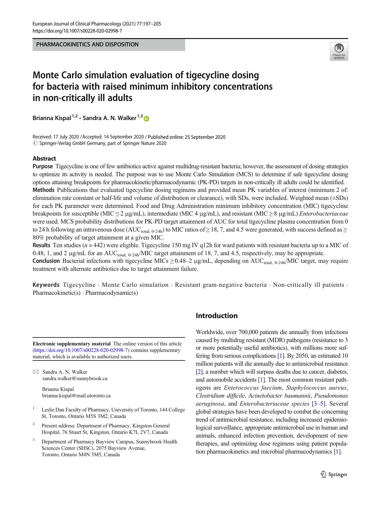 Monte Carlo simulation evaluation of tigecycline dosing for bacteria with raised minimum inhibitory concentrations in non-critically ill adults by Brianna Kispal & Sandra A. N. Walker