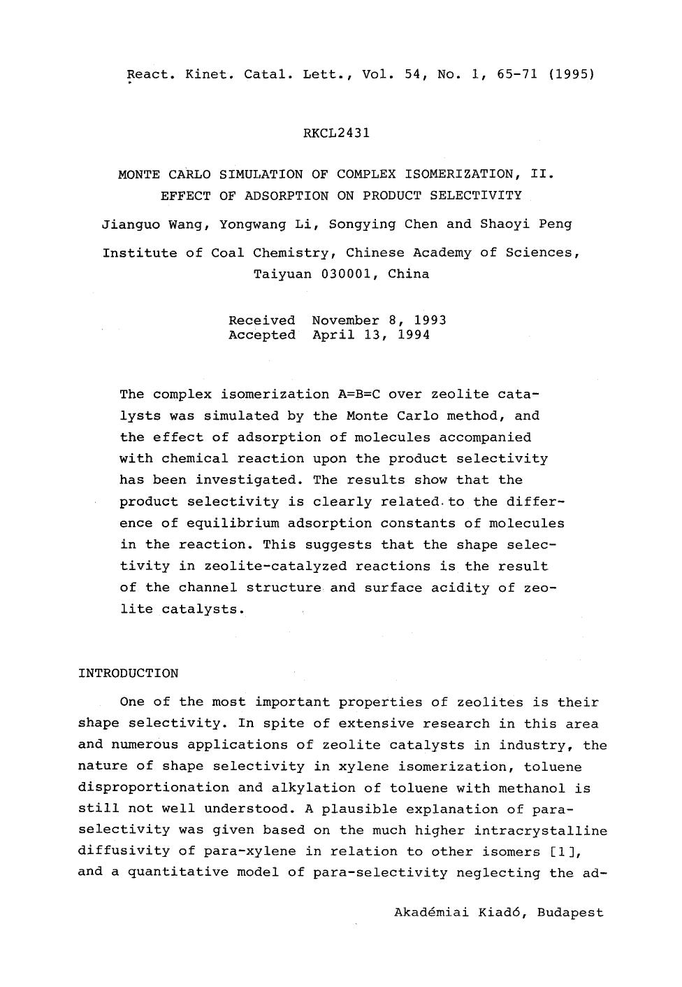 Monte Carlo simulation of complex isomerization, II. Effect of adsorption on product selectivity by Unknown