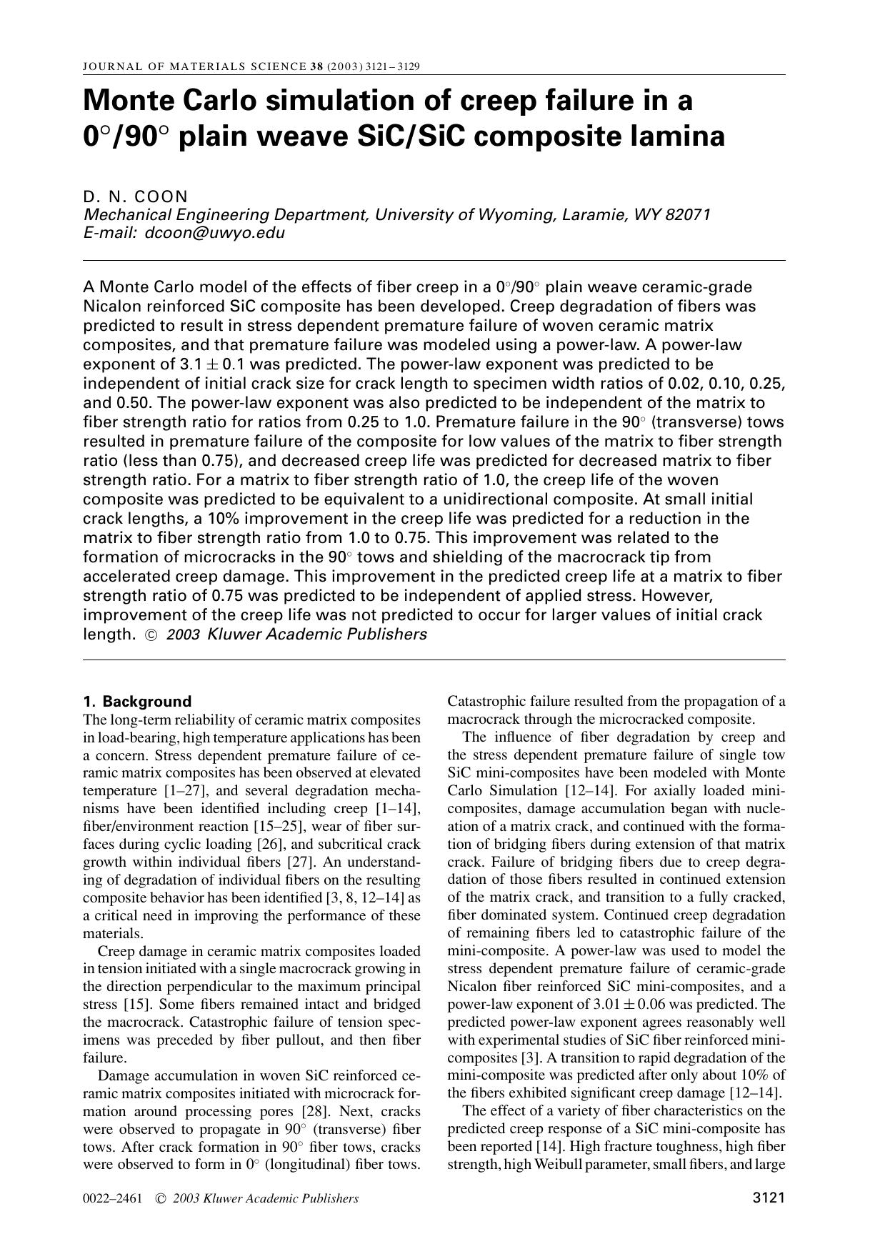 Monte Carlo simulation of creep failure in a 0°90° plain weave SiCSiC composite lamina by Unknown