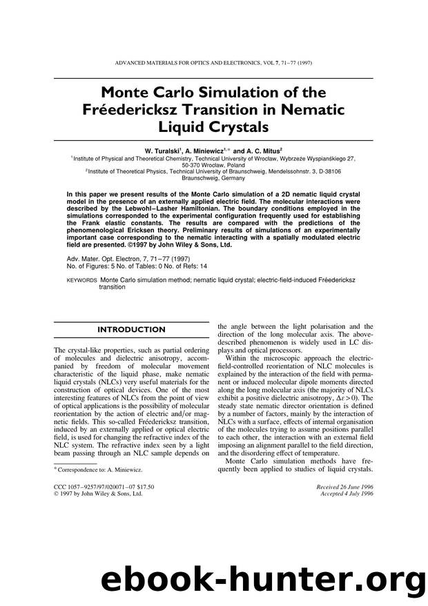 Monte Carlo simulation of the FrÃ©edericksz transition in nematic liquid crystals by Unknown