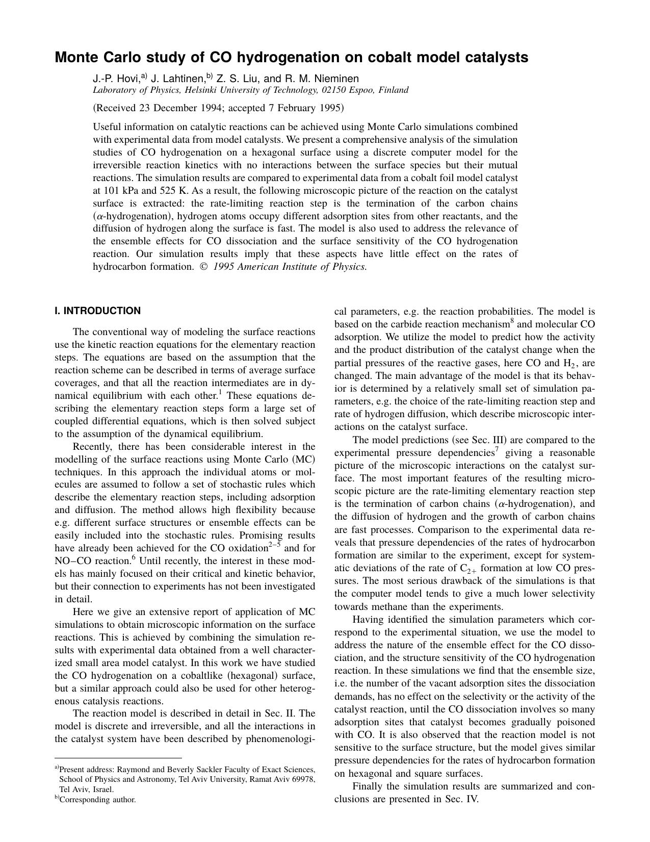 Monte Carlo study of CO hydrogenation on cobalt by J.-P. Hovi J. Lahtinen Z. S. Liu and R. M