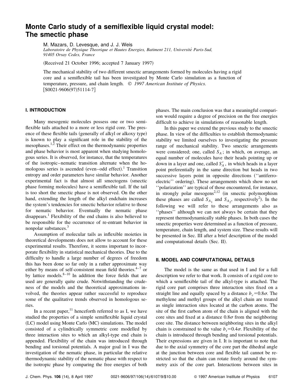 Monte Carlo study of a semiflexible liquid crystal model: The smectic ph by M. Mazars & D. Levesque & and J. J. Weis