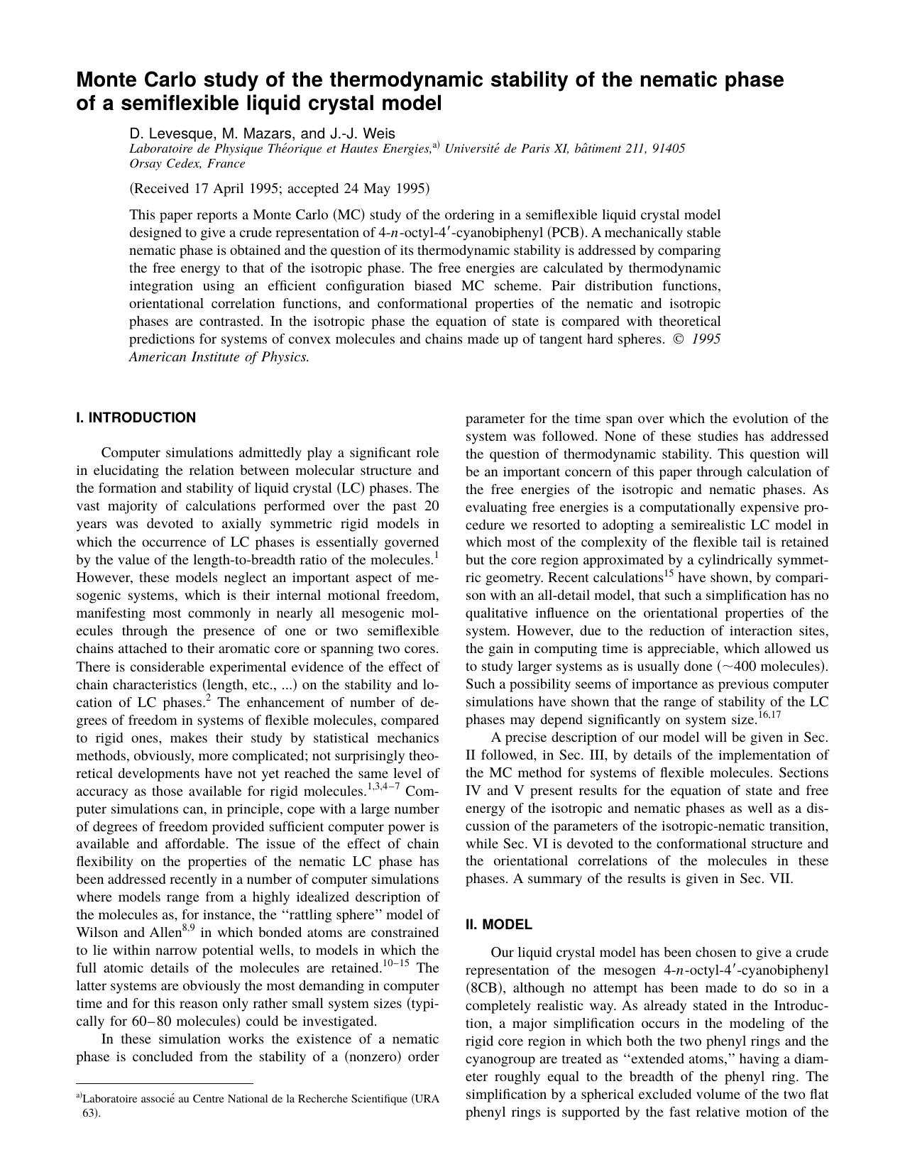 Monte Carlo study of the thermodynamic stability of the nematic phase of a semiflexible liquid crystal model by D. Levesque & M. Mazars & and J.-J. Weis