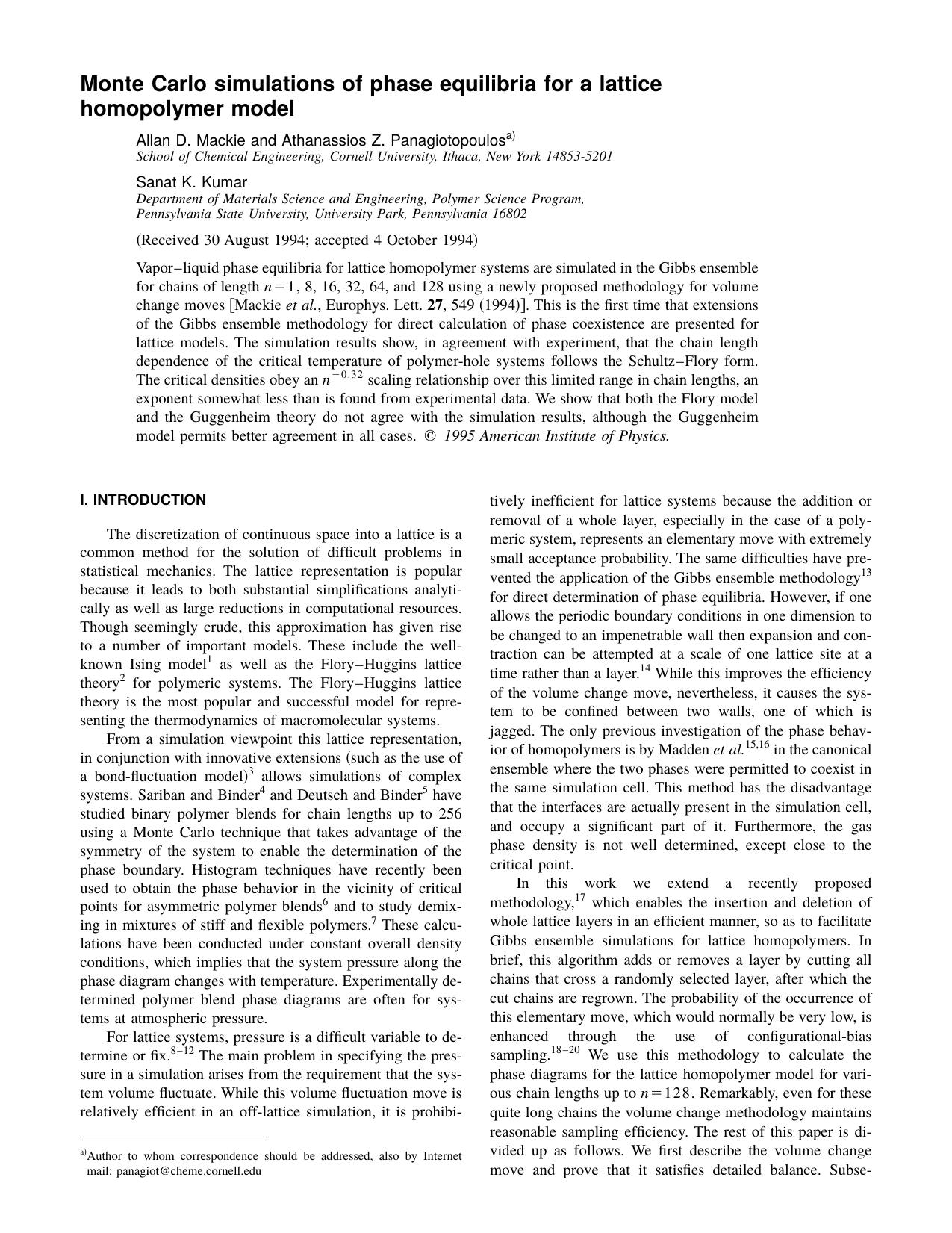 Monte carlo simulations of phase equilibria for a by Allan D. Mackie and Anthanassios Z