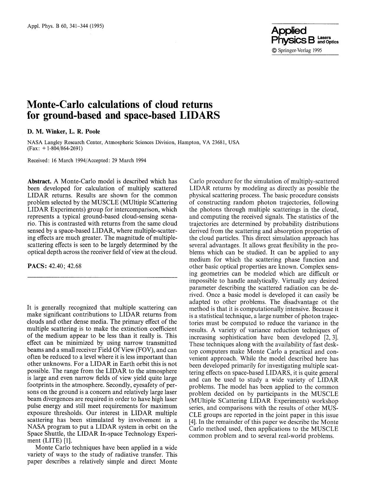 Monte-Carlo calculations of cloud returns for ground-based and space-based LIDARS by Unknown