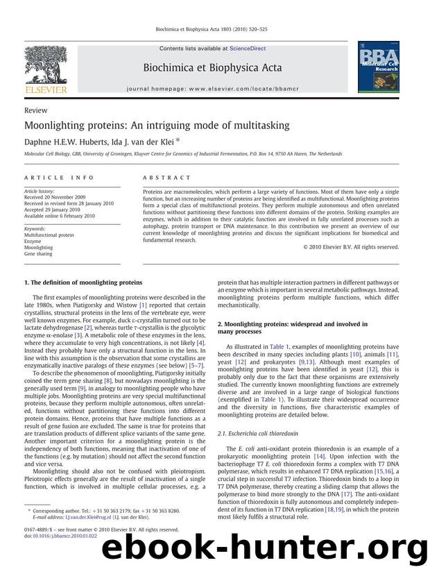 Moonlighting proteins: An intriguing mode of multitasking by Daphne H.E.W. Huberts; Ida J. van der Klei