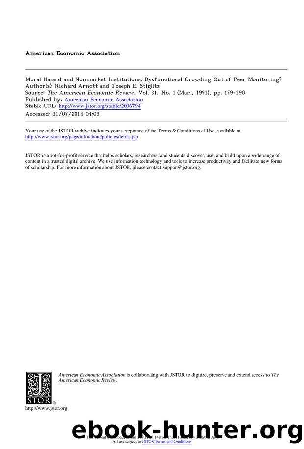 Moral Hazard and Nonmarket Institutions: Dysfunctional Crowding Out of Peer Monitoring? by Moral Hazard & Nonmarket Institutions Dysfunctional Crowding Out of Peer Monitoring