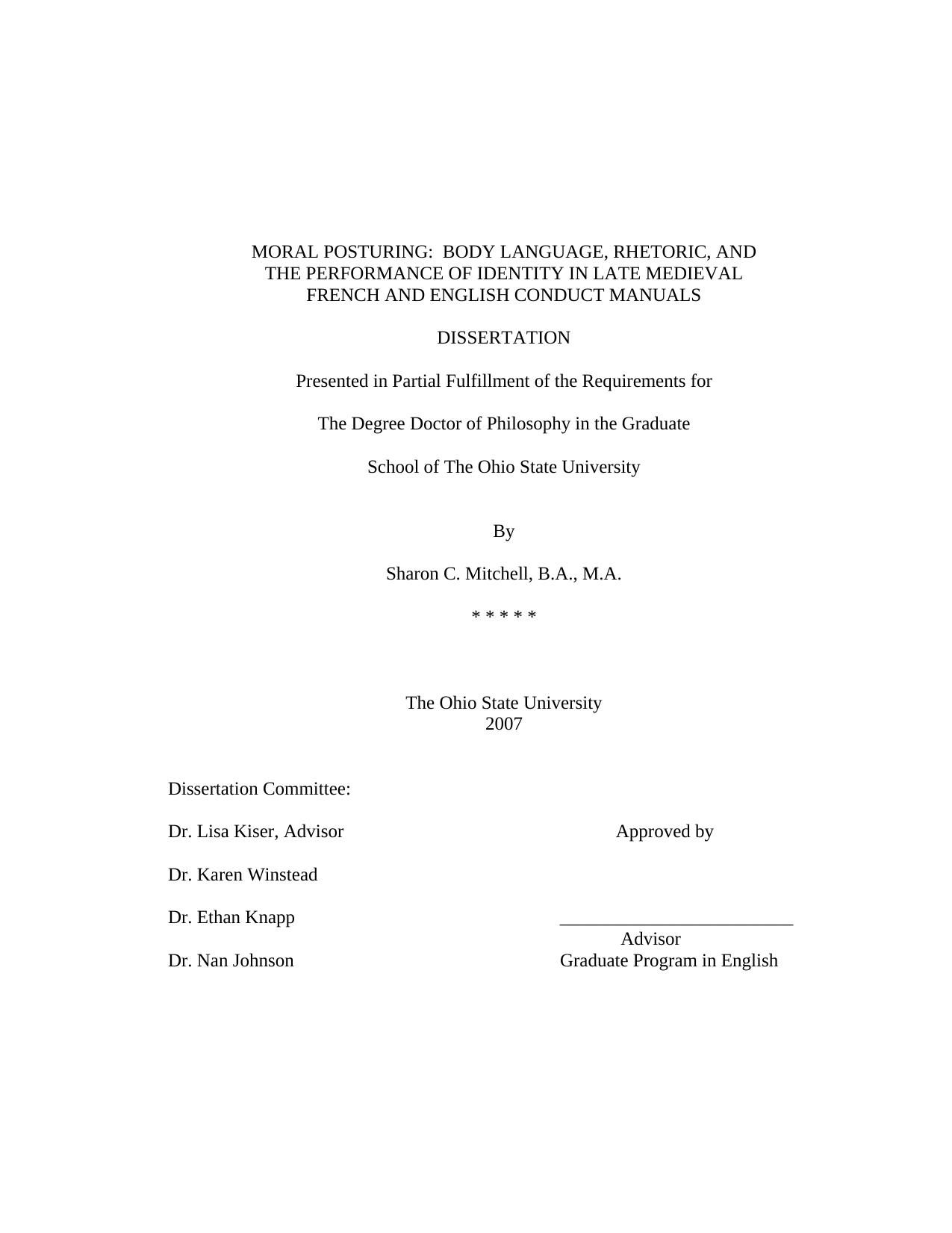 Moral posturing : body language, rhetoric, and the performance of identity in late medieval French and English conduct manuals [PhD diss] by Sharon Claire Mitchell