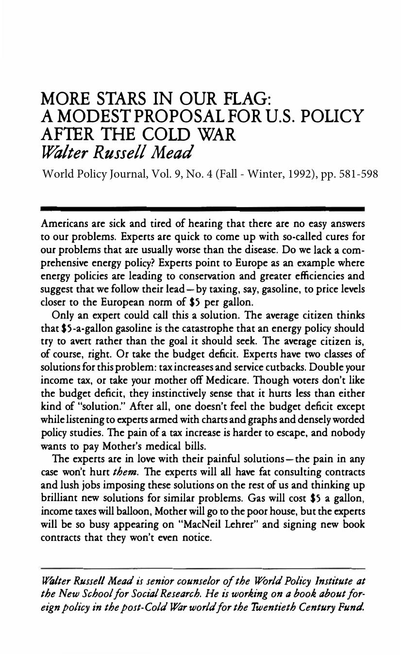 More Stars in Our Flag: A Modest Proposal for U.S. Policy after the Cold War by Walter Russell Mead