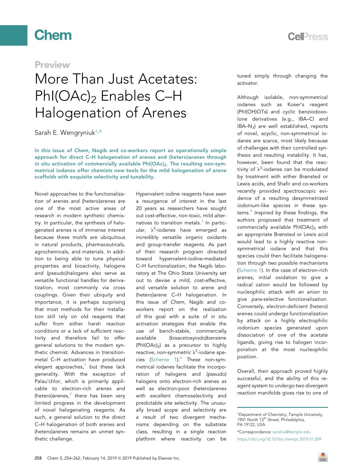 More Than Just Acetates: PhI(OAc)2 Enables C-H Halogenation of Arenes by Sarah E. Wengryniuk
