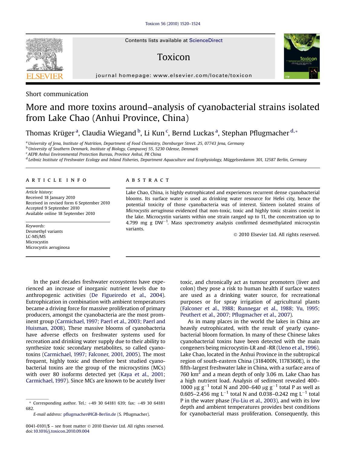 More and more toxins around-analysis of cyanobacterial strains isolated from Lake Chao (Anhui Province, China) by Thomas Krüger & Claudia Wiegand & Li Kun & Bernd Luckas & Stephan Pflugmacher