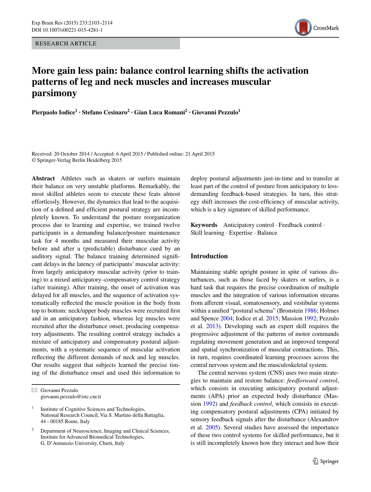 More gain less pain: balance control learning shifts the activation patterns of leg and neck muscles and increases muscular parsimony by Pierpaolo Iodice & Stefano Cesinaro & Gian Luca Romani & Giovanni Pezzulo