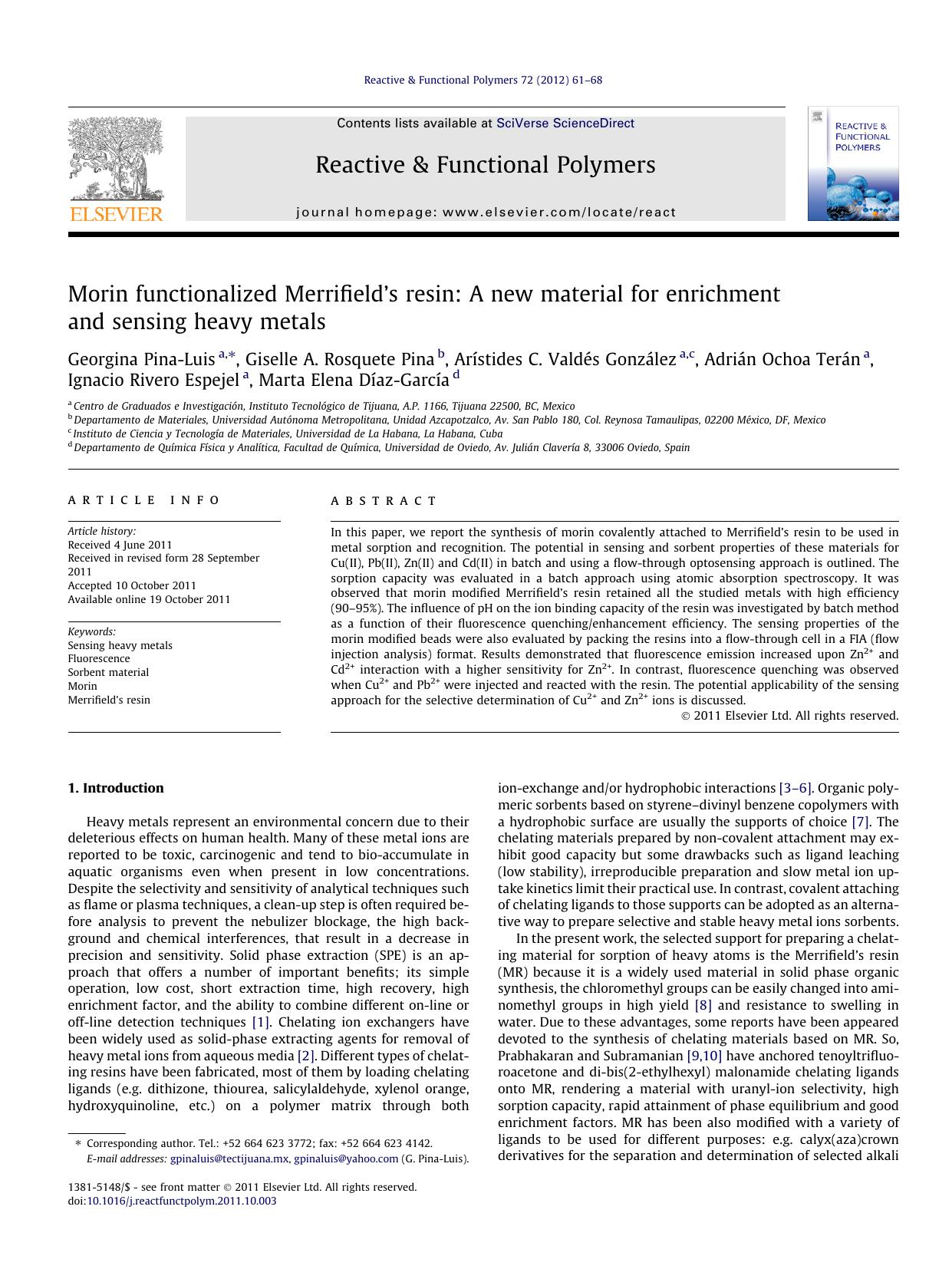 Morin functionalized MerrifieldÃ¢â¬â¢s resin: A new material for enrichment and sensing heavy metals by unknow