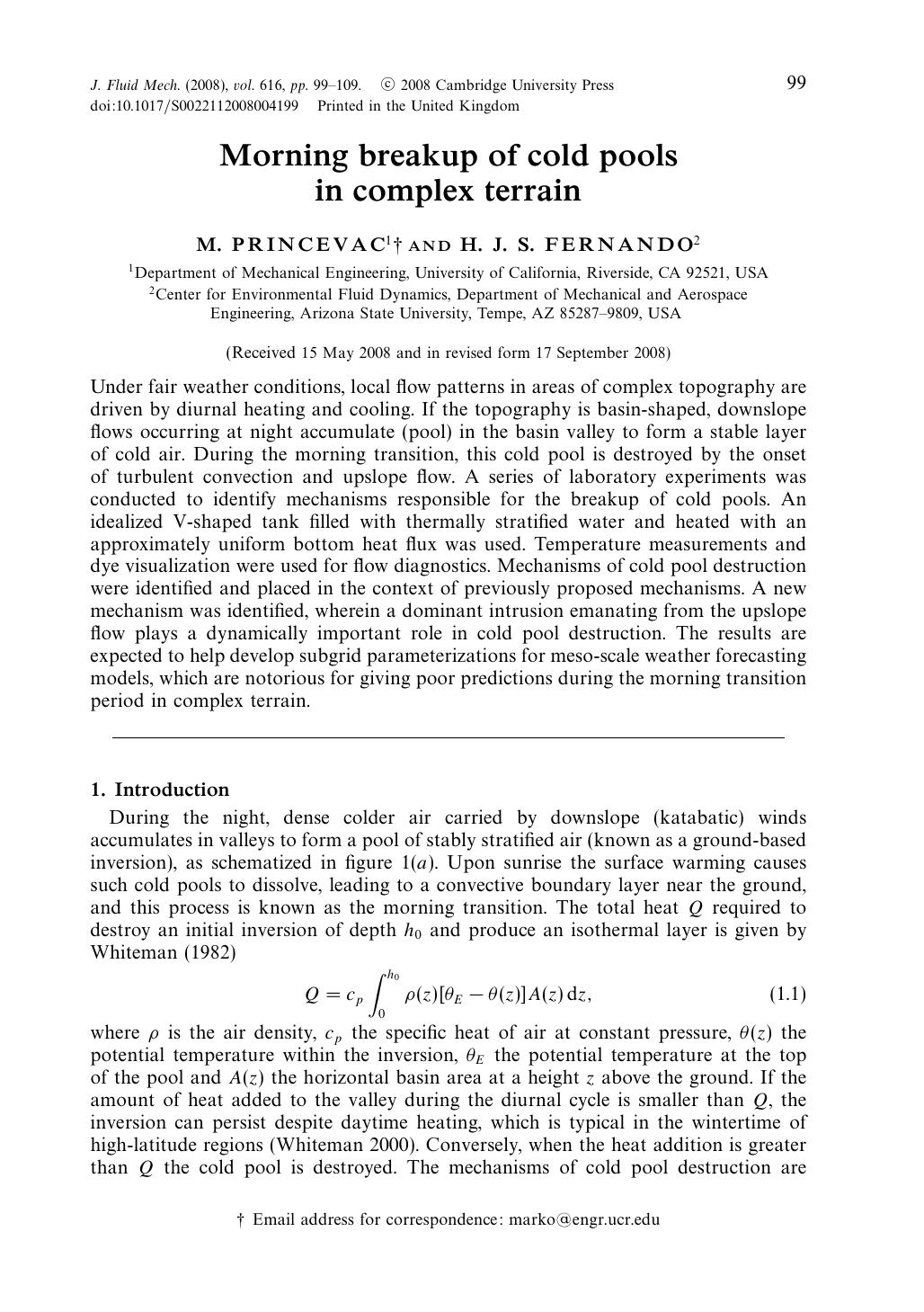 Morning breakup of cold pools in complex terrain by M. PRINCEVAC H. J. S. FERNANDO