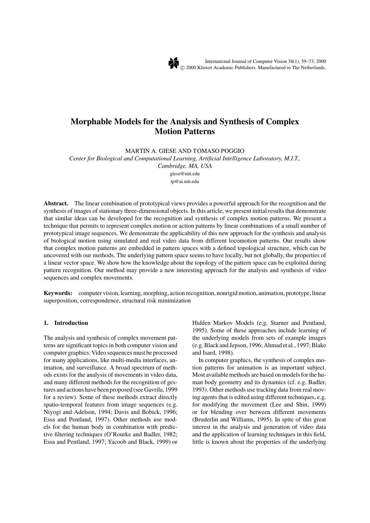 Morphable Models for the Analysis and Synthesis of Complex Motion Patterns by Morphable Models for the Analysis & Synthesis of Complex Motion Patterns