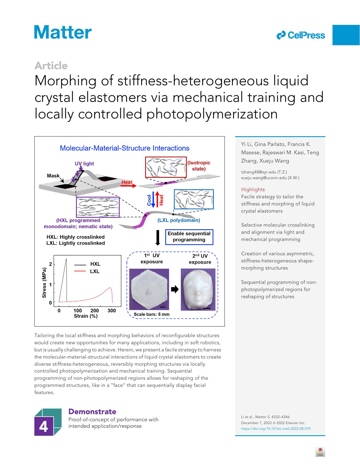 Morphing of stiffness-heterogeneous liquid crystal elastomers via mechanical training and locally controlled photopolymerization by Yi Li