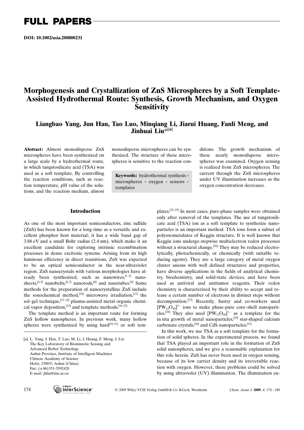 Morphogenesis and Crystallization of ZnS Microspheres by a Soft Template-Assisted Hydrothermal Route: Synthesis, Growth Mechanism, and Oxygen Sensitivity by Unknown