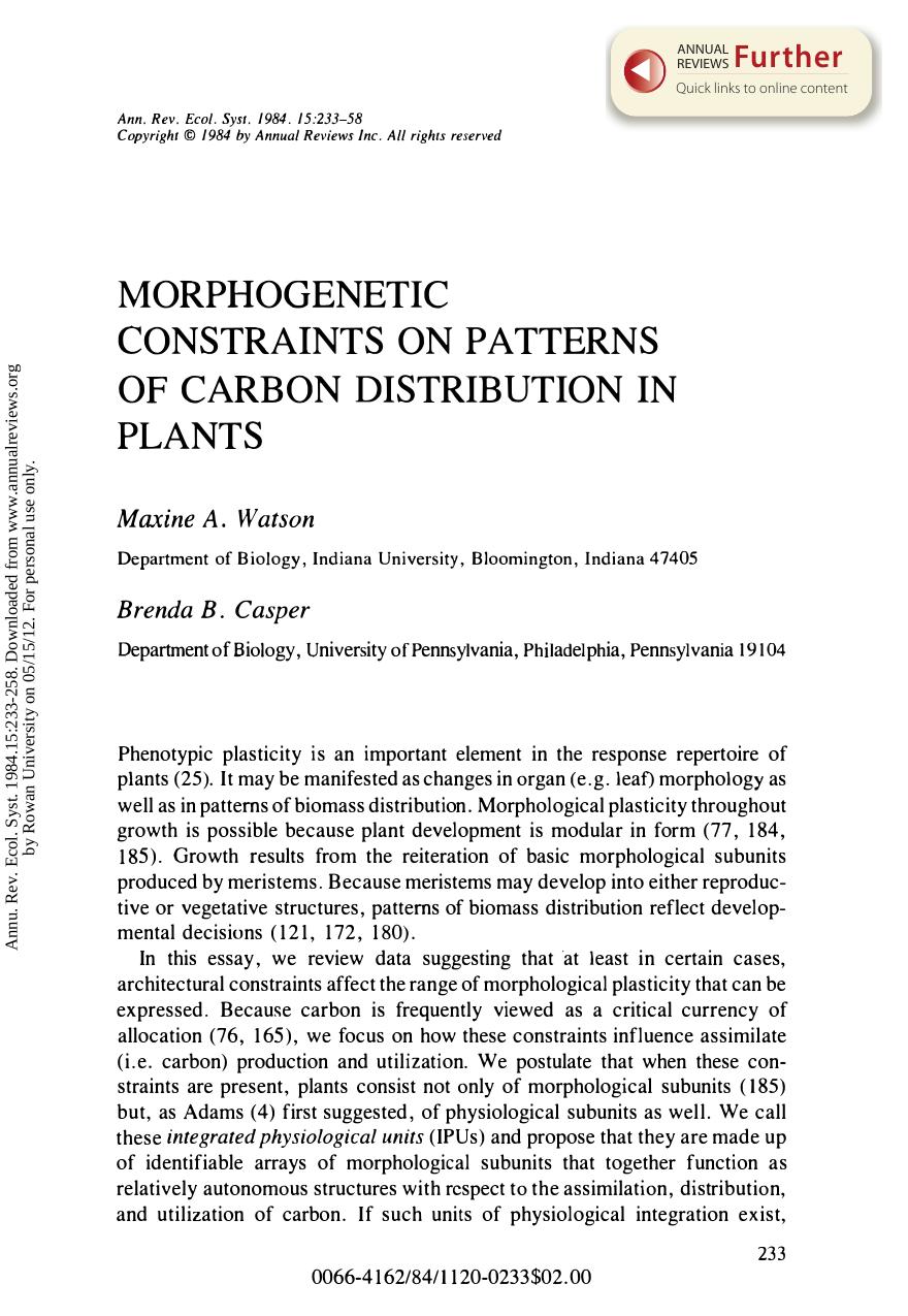 Morphogenetic Constraints on Patterns of Carbon Distribution in Plants by M A Watson & and B B Casper