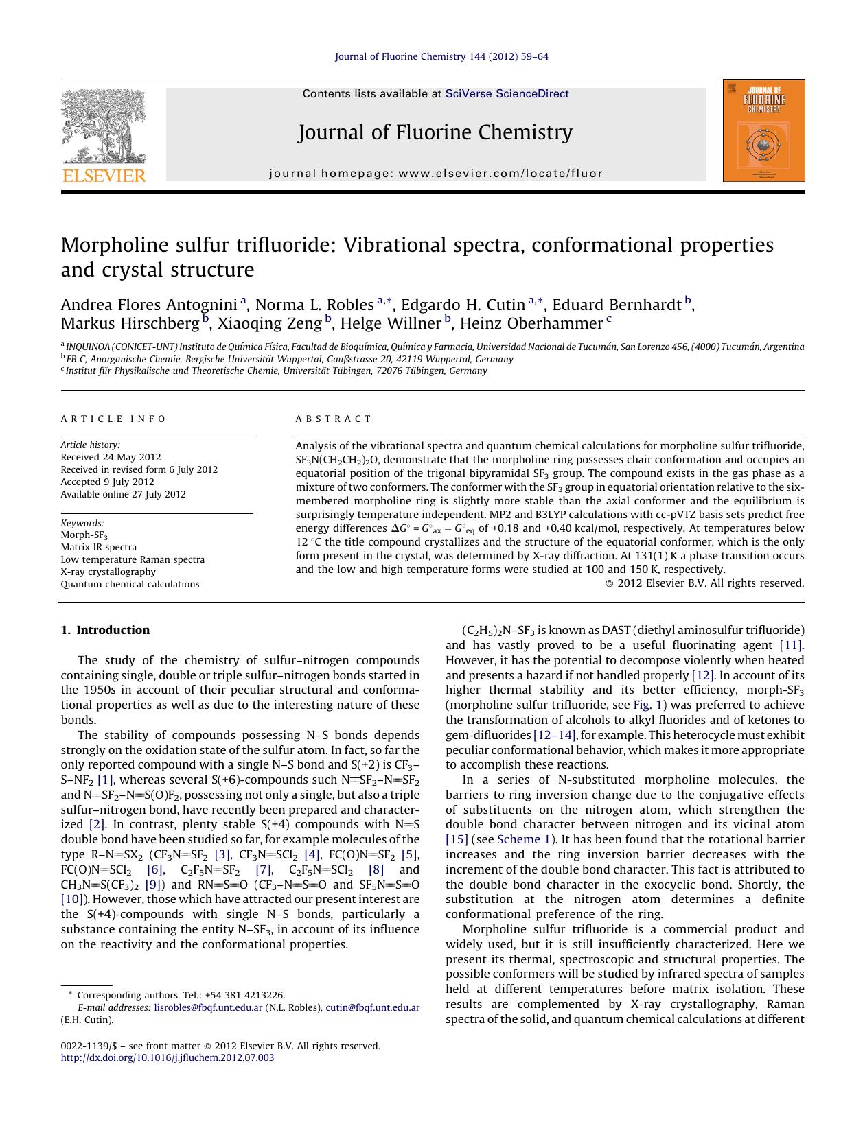 Morpholine sulfur trifluoride: Vibrational spectra, conformational properties and crystal structure by Andrea Flores Antognini