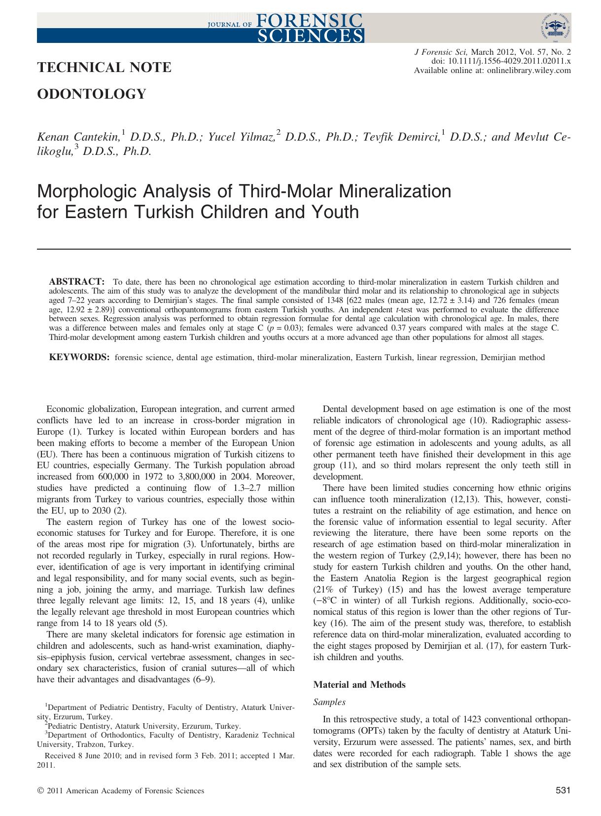 Morphologic Analysis of ThirdMolar Mineralization for Eastern Turkish Children and Youth by Unknown