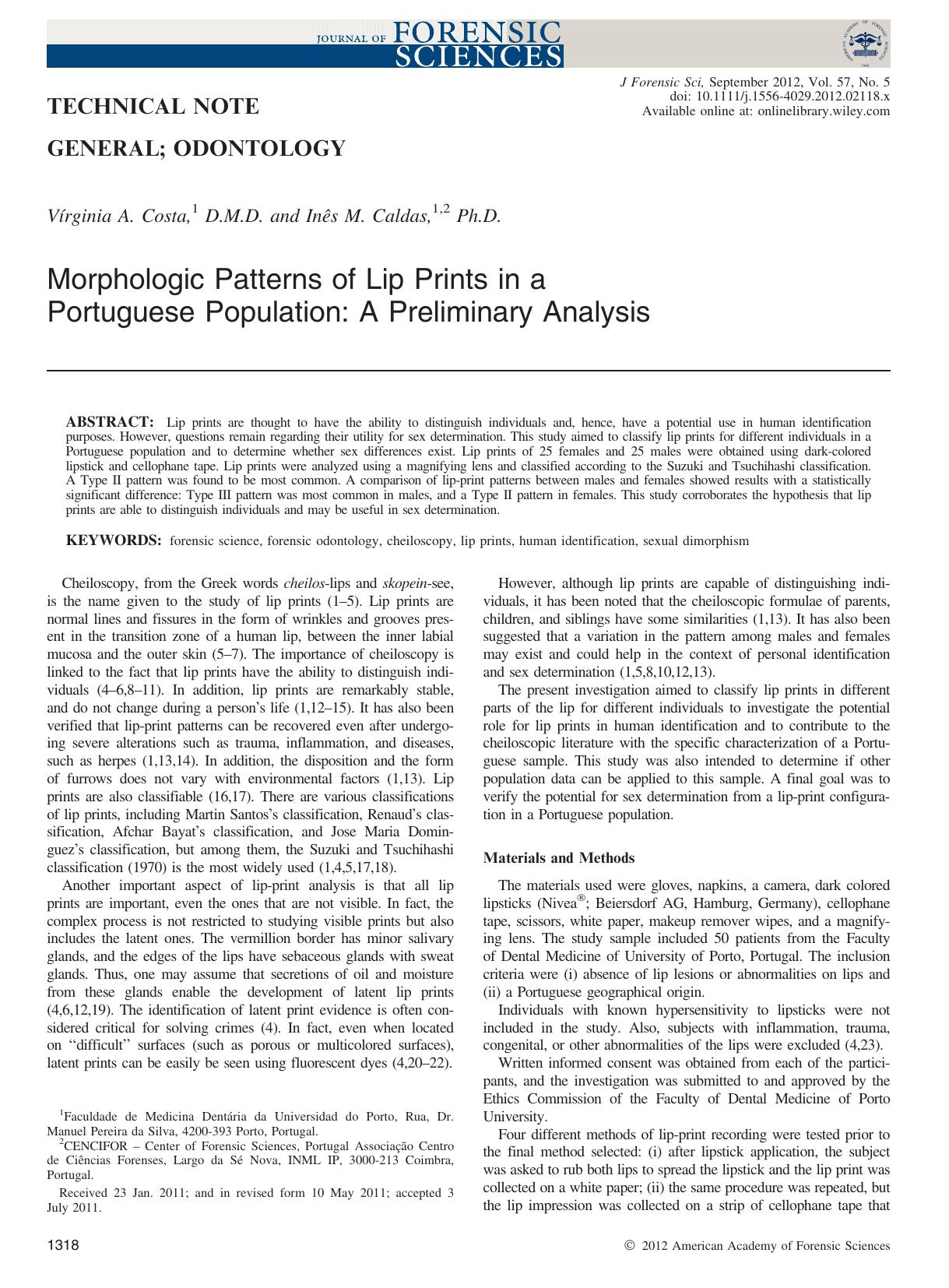 Morphologic Patterns of Lip Prints in a Portuguese Population: A Preliminary Analysis by Unknown