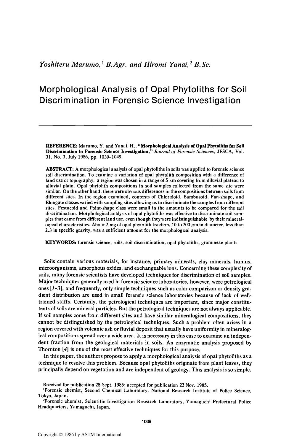 Morphological Analysis of Opal Phytoliths for Soil Discrimination in Forensic Science Investigation by Marumo Y Yanai H