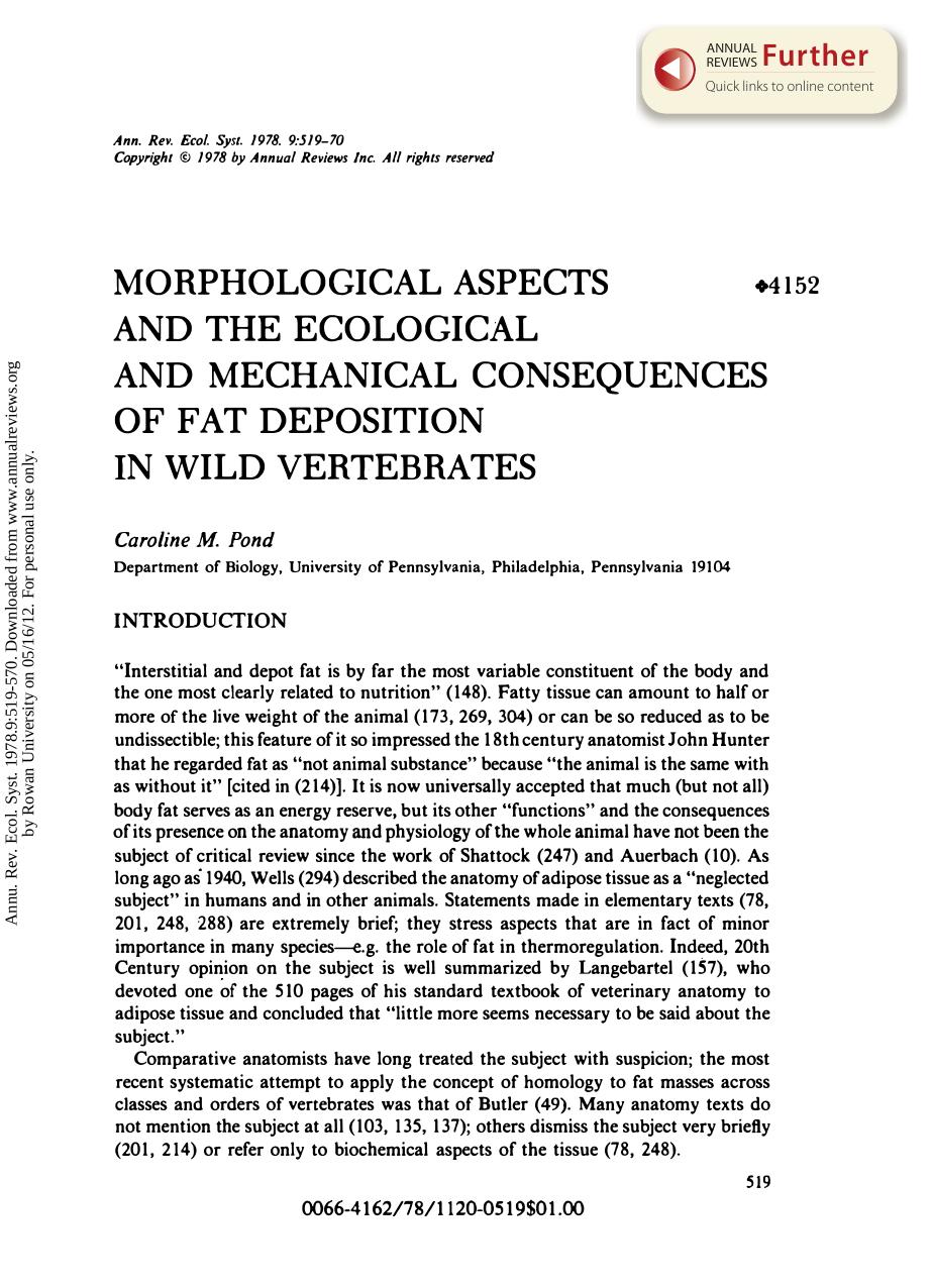 Morphological Aspects and the Ecological and Mechanical Consequences of Fat Deposition in Wild Vertebrates by C M Pond
