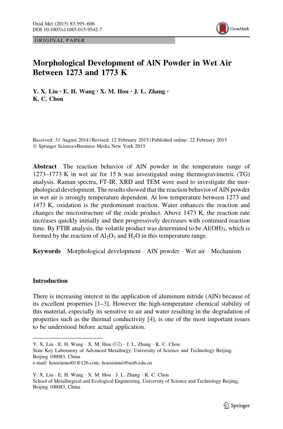 Morphological Development of AlN Powder in Wet Air Between 1273 and 1773 K by Y. X. Liu & E. H. Wang & X. M. Hou & J. L. Zhang & K. C. Chou