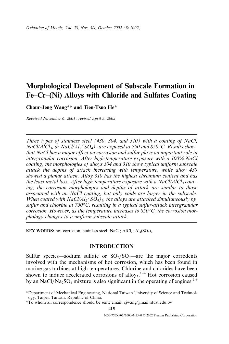 Morphological Development of Subscale Formation in Fe&#x2013;Cr&#x2013;(Ni) Alloys with Chloride and Sulfates Coating by Unknown