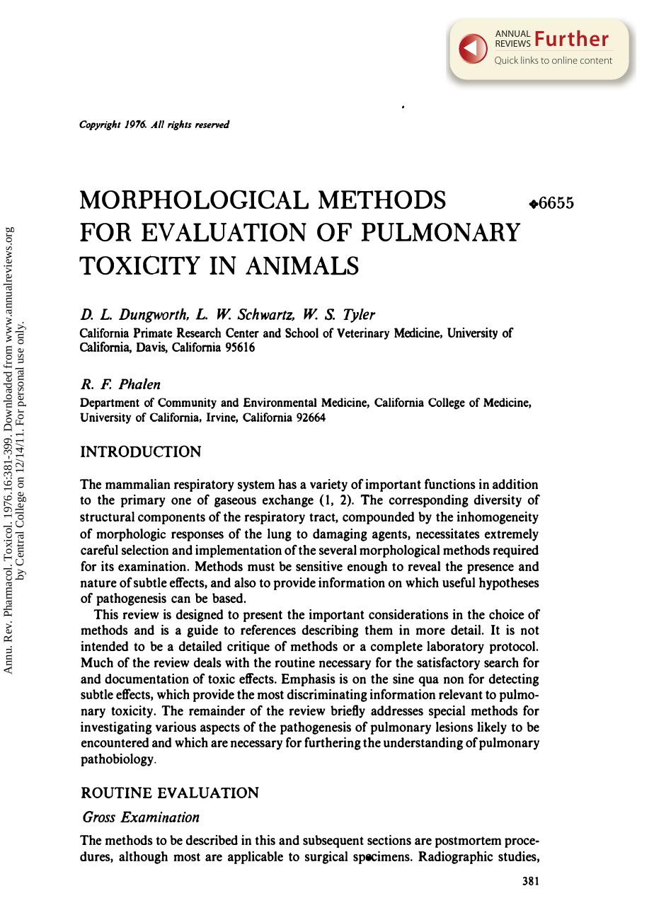 Morphological Methods for Evaluation of Pulmonary Toxicity in Animals by D L Dungworth L W Schwartz W S Tyler & R F Phalen