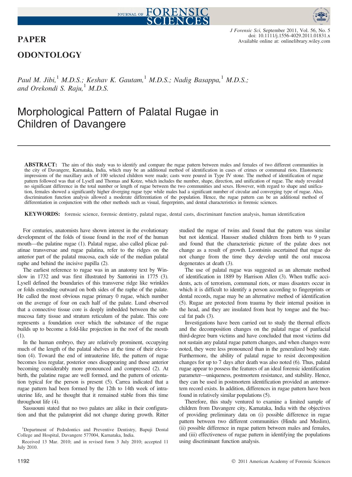 Morphological Pattern of Palatal Rugae in Children of Davangere by Unknown