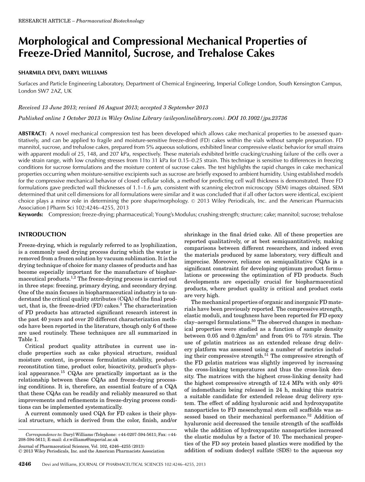 Morphological and Compressional Mechanical Properties of FreezeDried Mannitol, Sucrose, and Trehalose Cakes by F-285