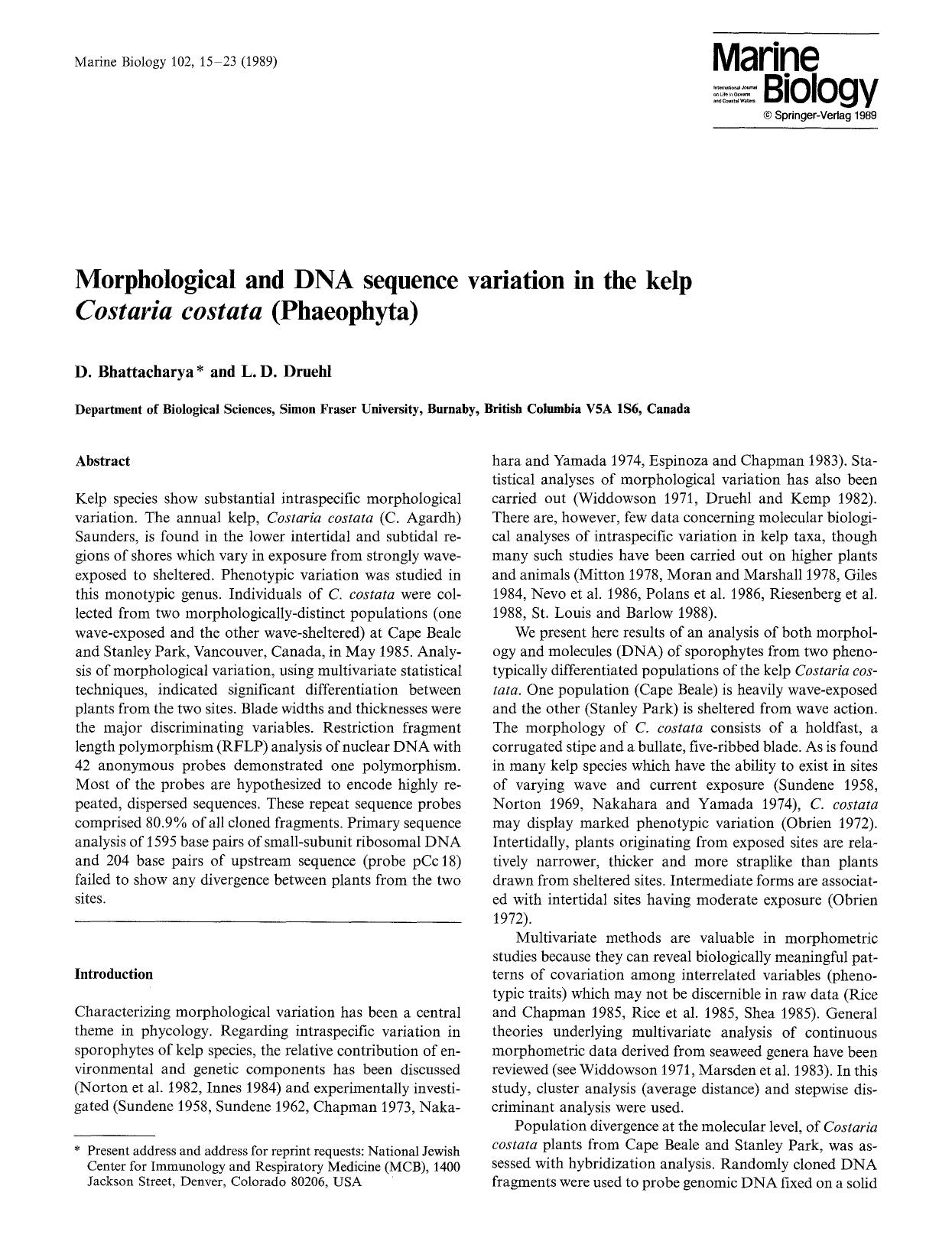 Morphological and DNA sequence variation in the kelp <Emphasis Type="Italic">Costaria costata<Emphasis> (Phaeophyta) by Unknown