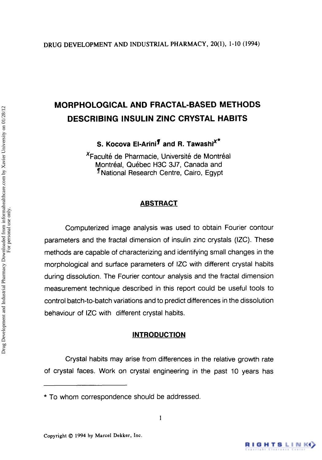 Morphological and Fractal-Based Methods Describing Insulin Zinc Crystal Habits by S. Kocova El-arini & R. Tawashi