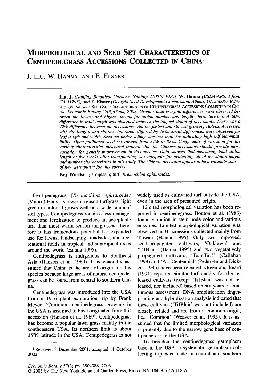 Morphological and Seed Set characteristics of Centipedegrass accessions collected in China by Unknown