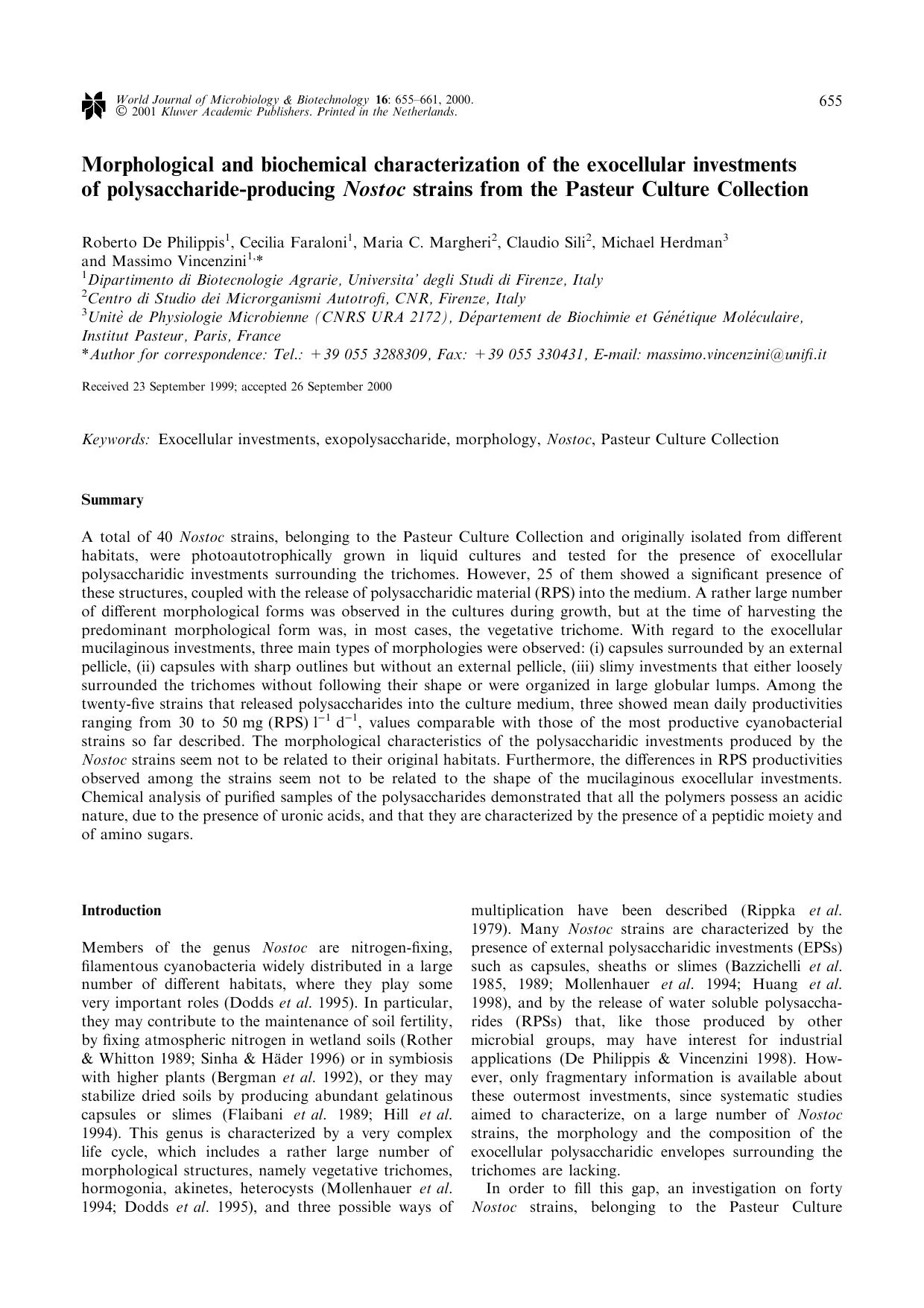 Morphological and biochemical characterization of the exocellular investments of polysaccharide-producing Nostoc strains from the Pasteur Culture Collection by Unknown