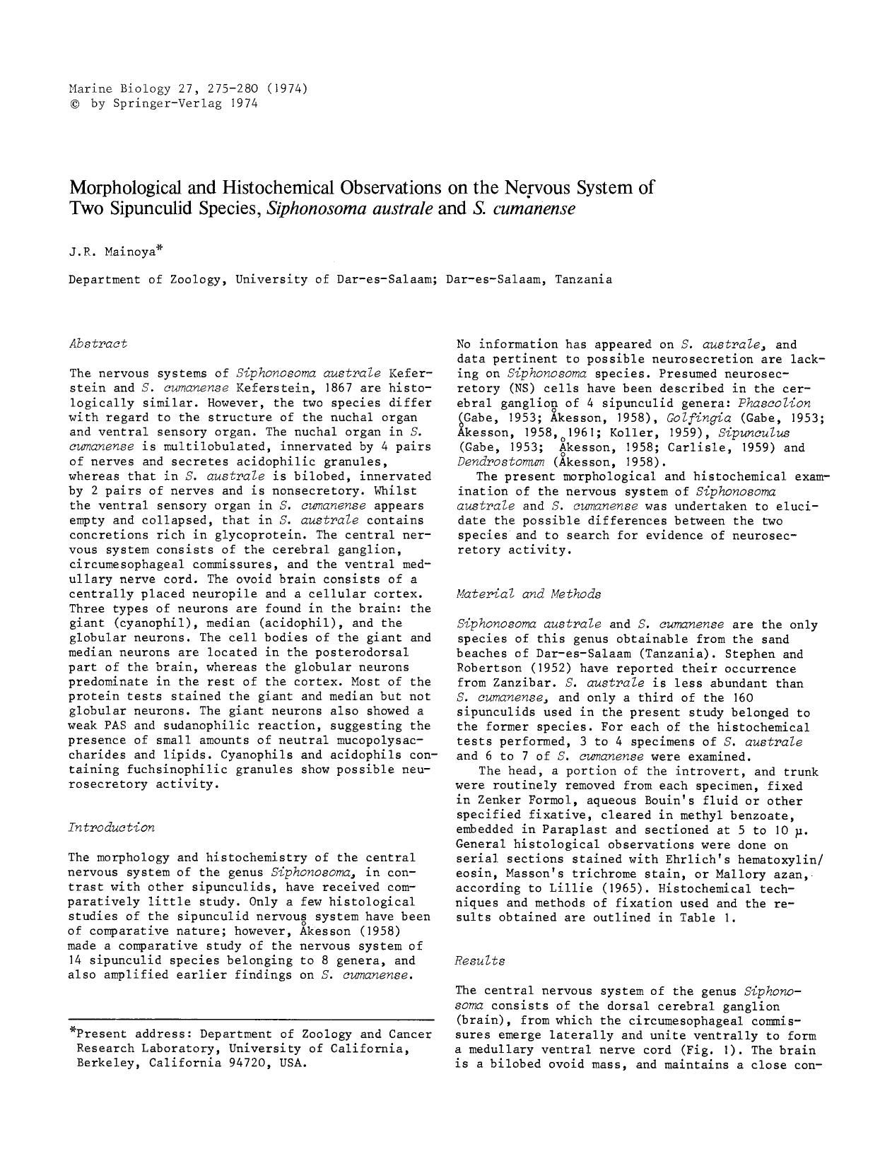 Morphological and histochemical observations on the nervous system of two sipunculid species, <Emphasis Type="Italic">Siphonosoma australe<Emphasis> and <Emphasis Type="Italic">S. cumanense<Emphasis> by Unknown