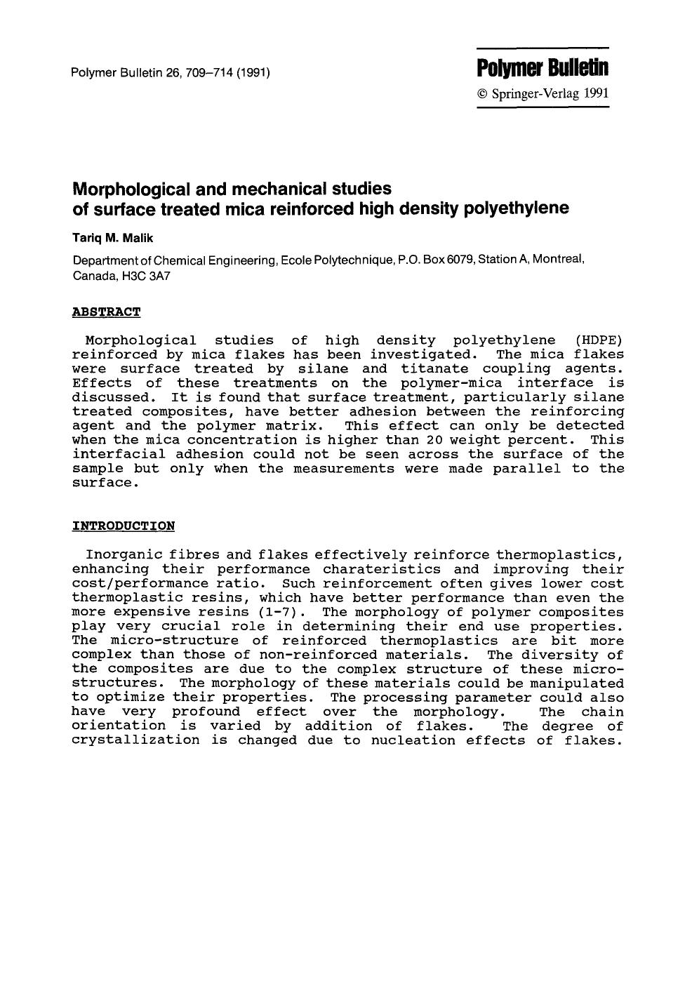 Morphological and mechanical studies of surface treated mica reinforced high density polyethylene by Unknown