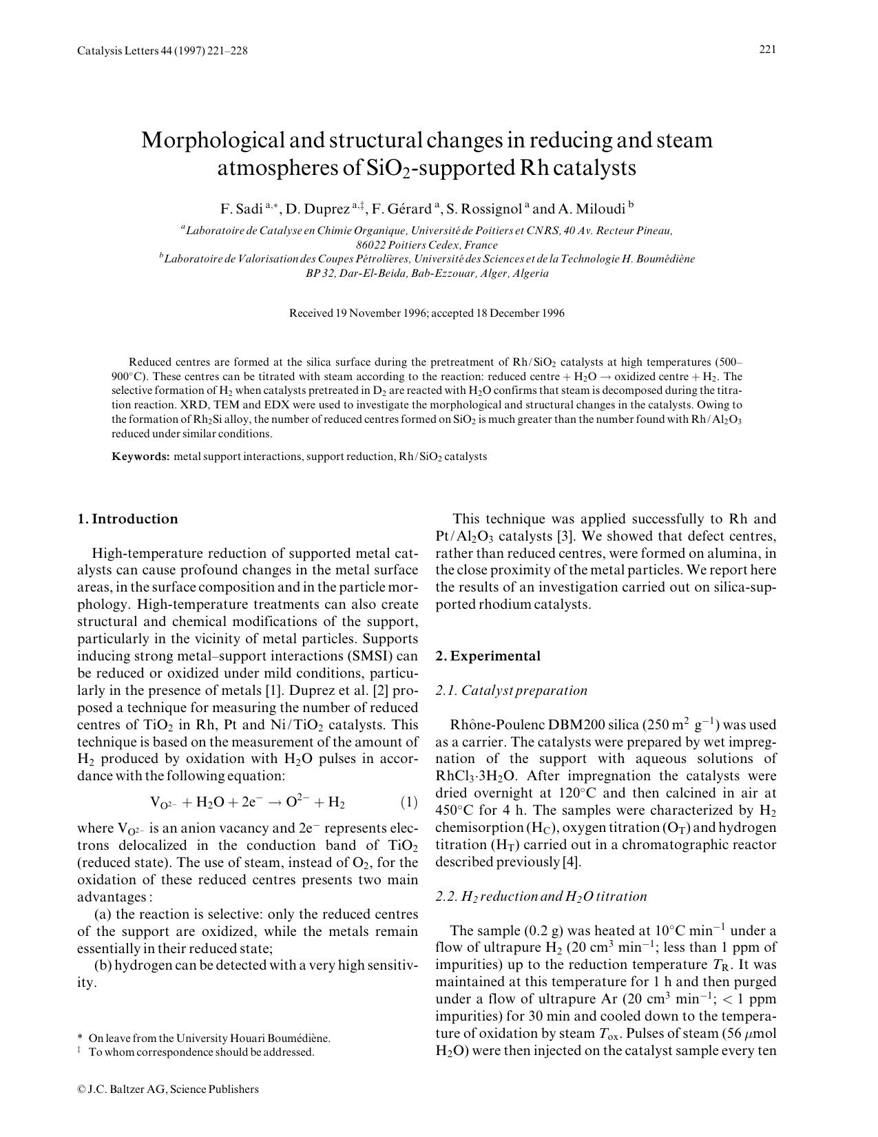 Morphological and structural changes in reducing and steam atmospheres of SiO<Subscript>2<Subscript>-supported Rh catalysts by Unknown