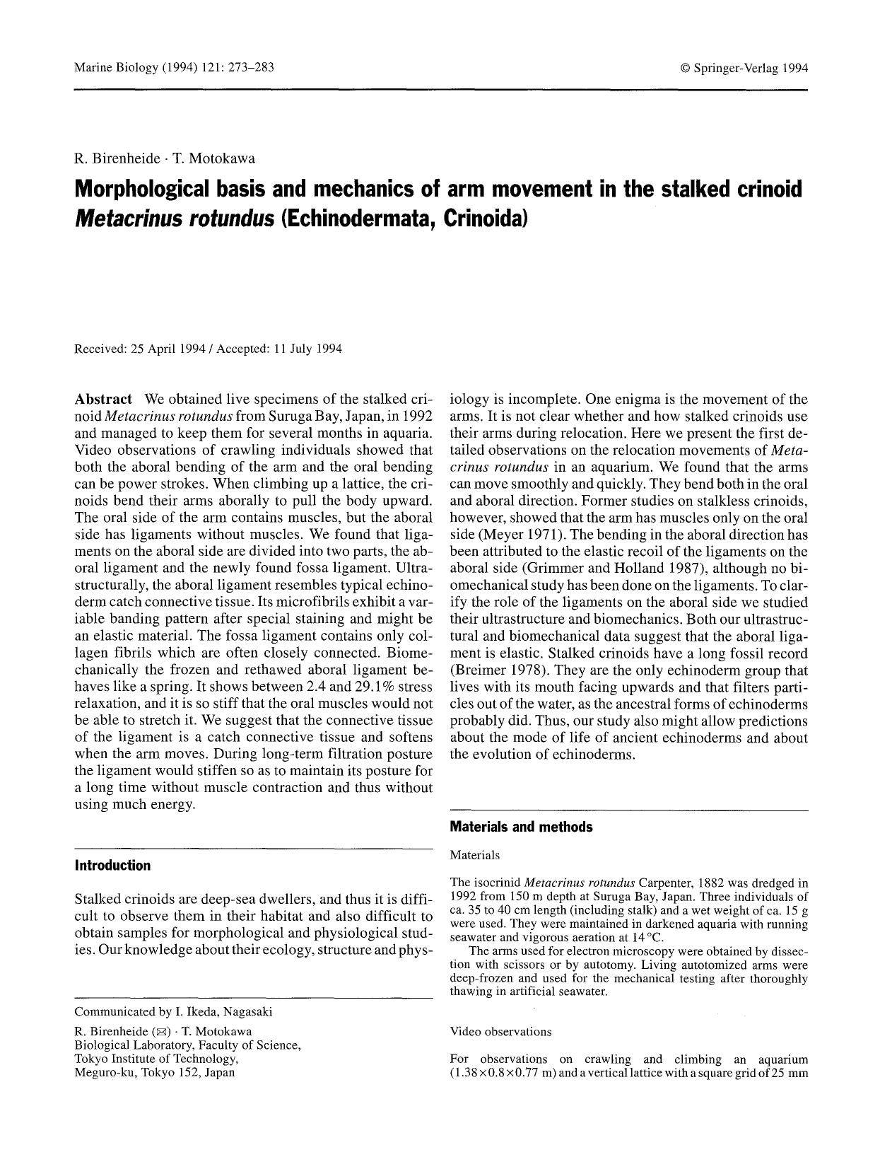 Morphological basis and mechanics of arm movement in the stalked crinoid <Emphasis Type="Italic">Metacrinus rotundus<Emphasis> (Echinodermata, Crinoida) by Unknown